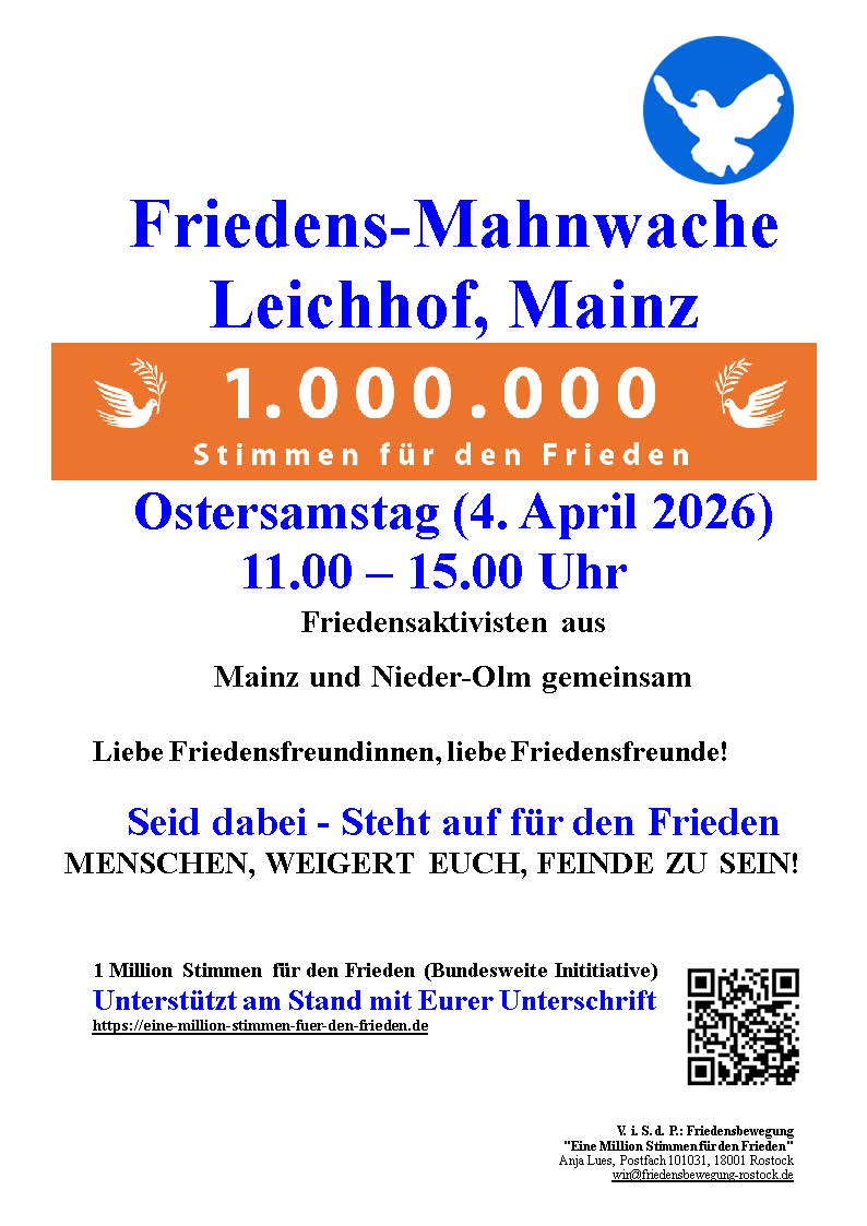 Friedensmahnwache am Ostersamstag von 11 bis 15 Uhr